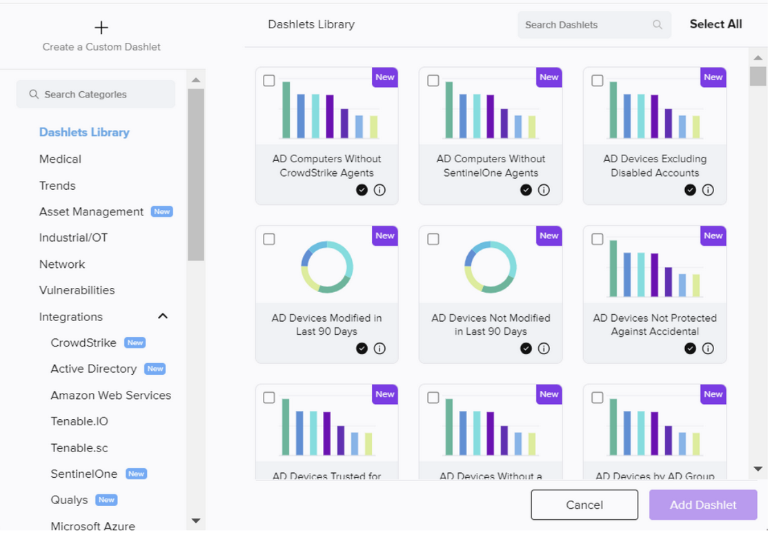 Armis Centrix™ dashboard dashlet library screenshot