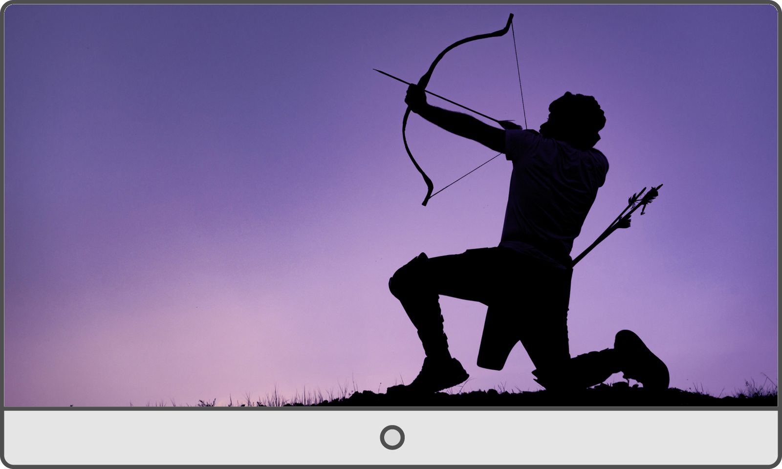silhouette of an archer on his knee drawing his bow on a screen pointing left